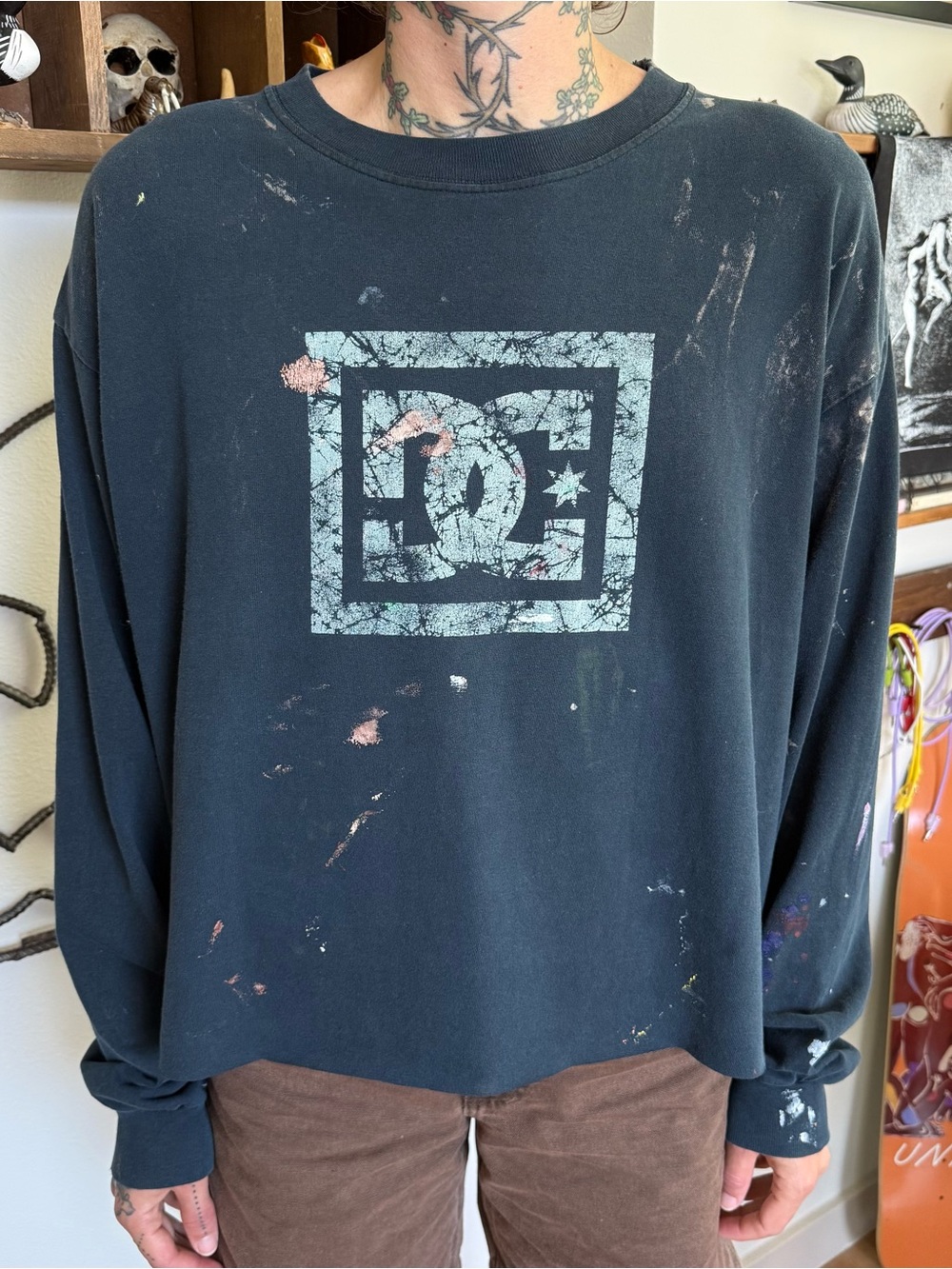 Vintage 90s DC Skater Cropped Bleach & Paint Faded Black Long Sleeve ~ Size L